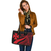 Wallis And Futuna Large Leather Tote Bag - Red Polynesian Tentacle Tribal Pattern - Polynesian Pride