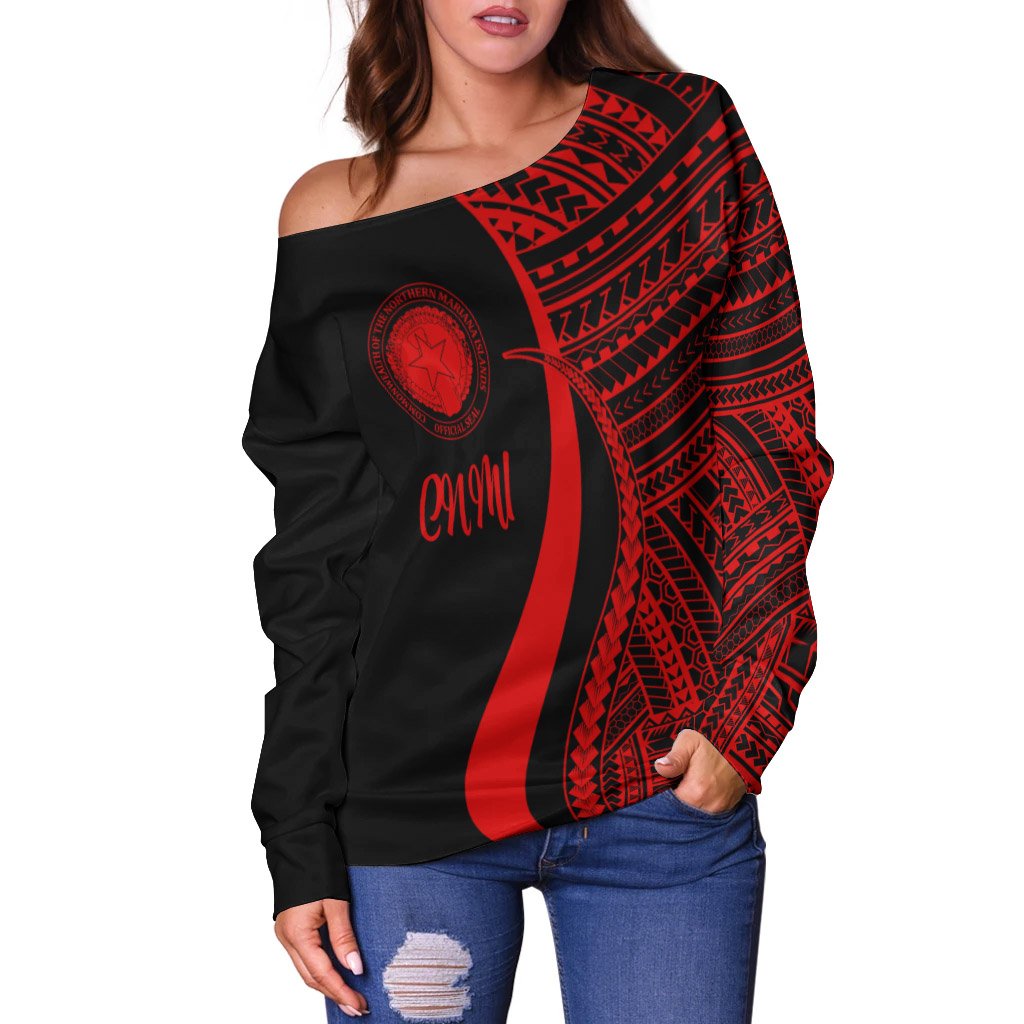 Northern Mariana Islands Women's Off Shoulder Sweater - Red Polynesian Tentacle Tribal Pattern - Polynesian Pride