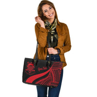 Tuvalu Custom Personalised Large Leather Tote Bag - Red Polynesian Tentacle Tribal Pattern - Polynesian Pride