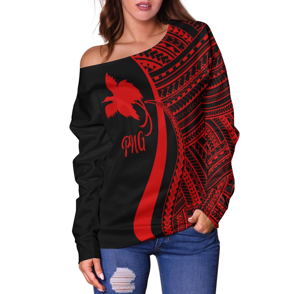 Papua New Guinea Women's Off Shoulder Sweater - Red Polynesian Tentacle Tribal Pattern - Polynesian Pride