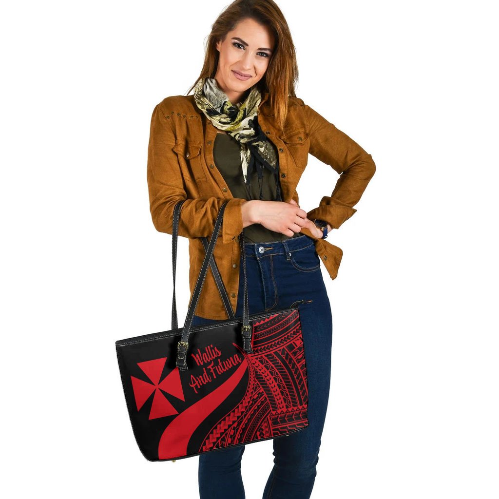Wallis And Futuna Large Leather Tote Bag - Red Polynesian Tentacle Tribal Pattern - Polynesian Pride