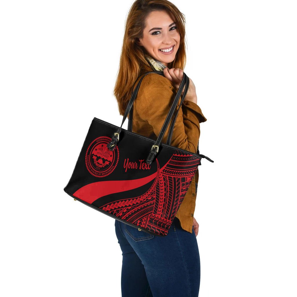 Federated States of Micronesia Custom Personalised Large Leather Tote Bag - Red Polynesian Tentacle Tribal Pattern - Polynesian Pride