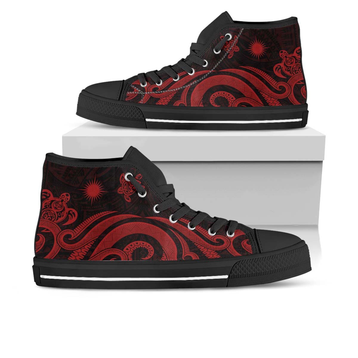 Marshall Islands High Top Shoes - Red Tentacle Turtle Unisex Black - Polynesian Pride