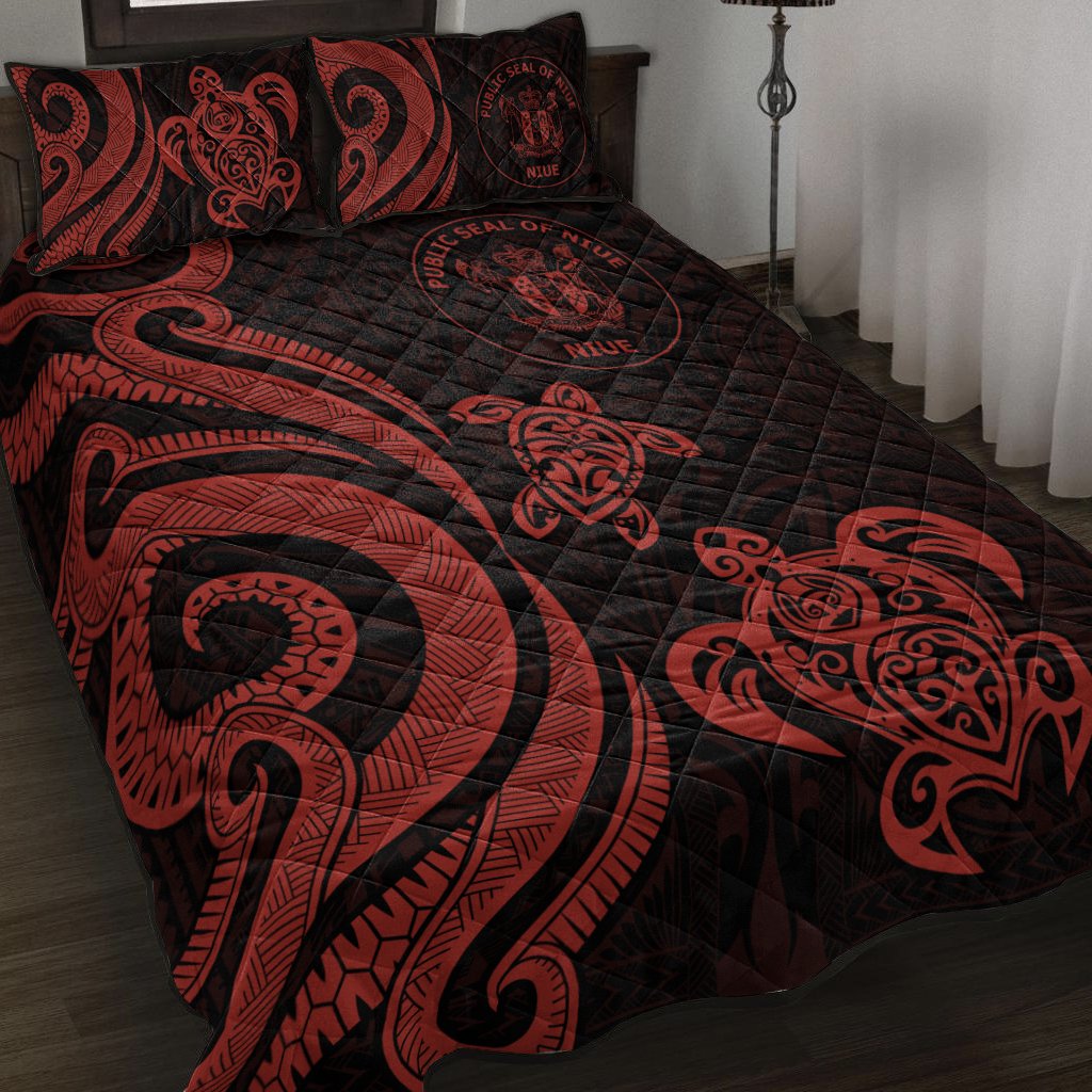 Niue Quilt Bed Set - Red Tentacle Turtle Red - Polynesian Pride