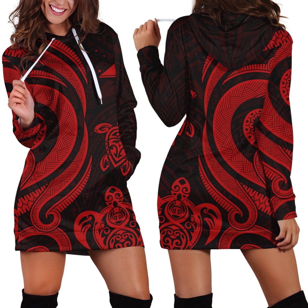 Tokelau Women Hoodie Dress - Red Tentacle Turtle Red - Polynesian Pride