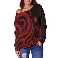 Marshall Islands Women's Off Shoulder Sweater - Red Tentacle Turtle - Polynesian Pride