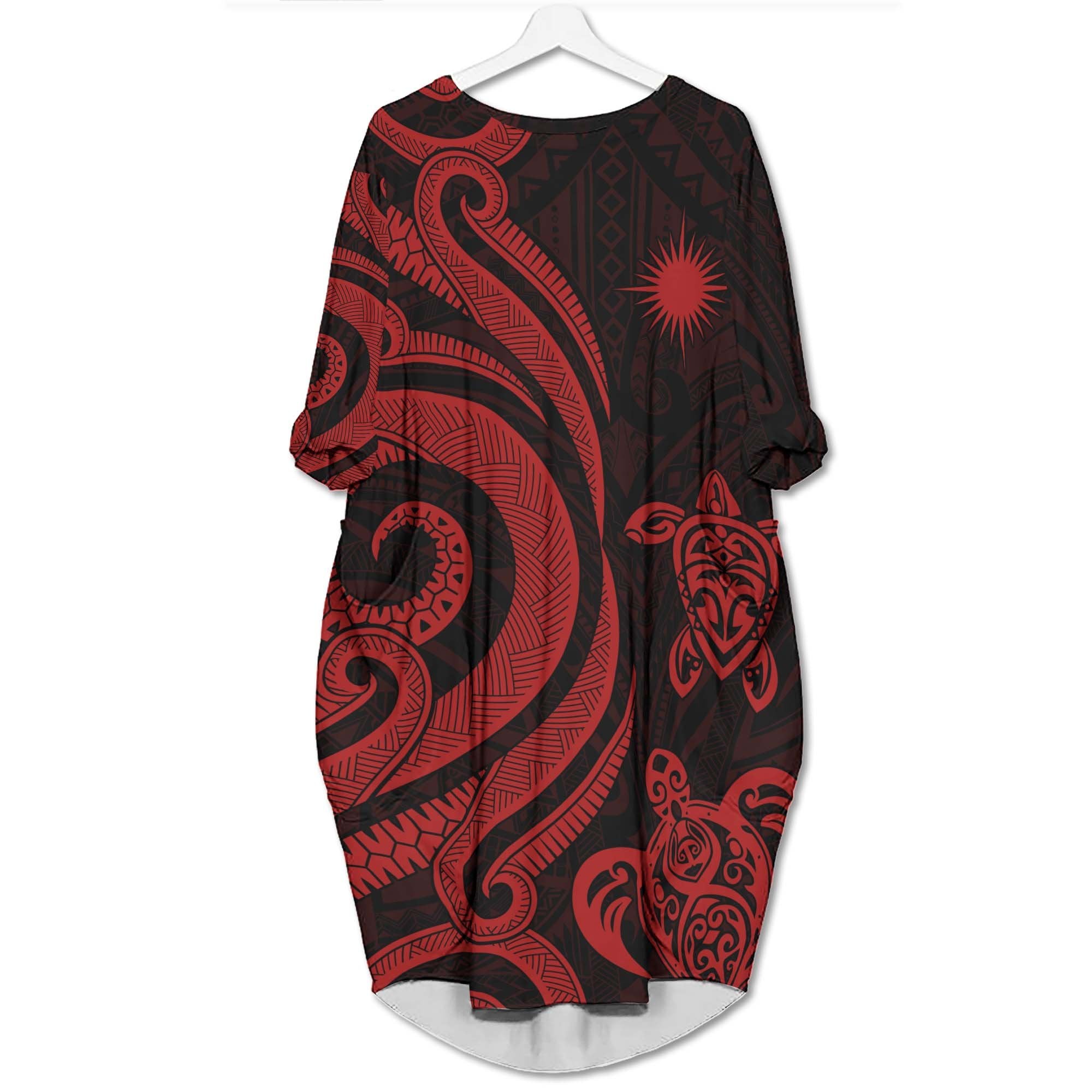 Marshall Islands Batwing Pocket Dress - Red Tentacle Turtle Women Red - Polynesian Pride