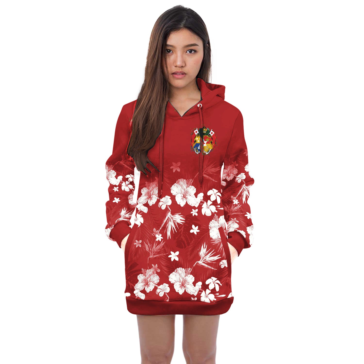 Tonga Hoodie Dress - Tonga Coat Of Arms Hibiscus Red LT13 Black - Polynesian Pride