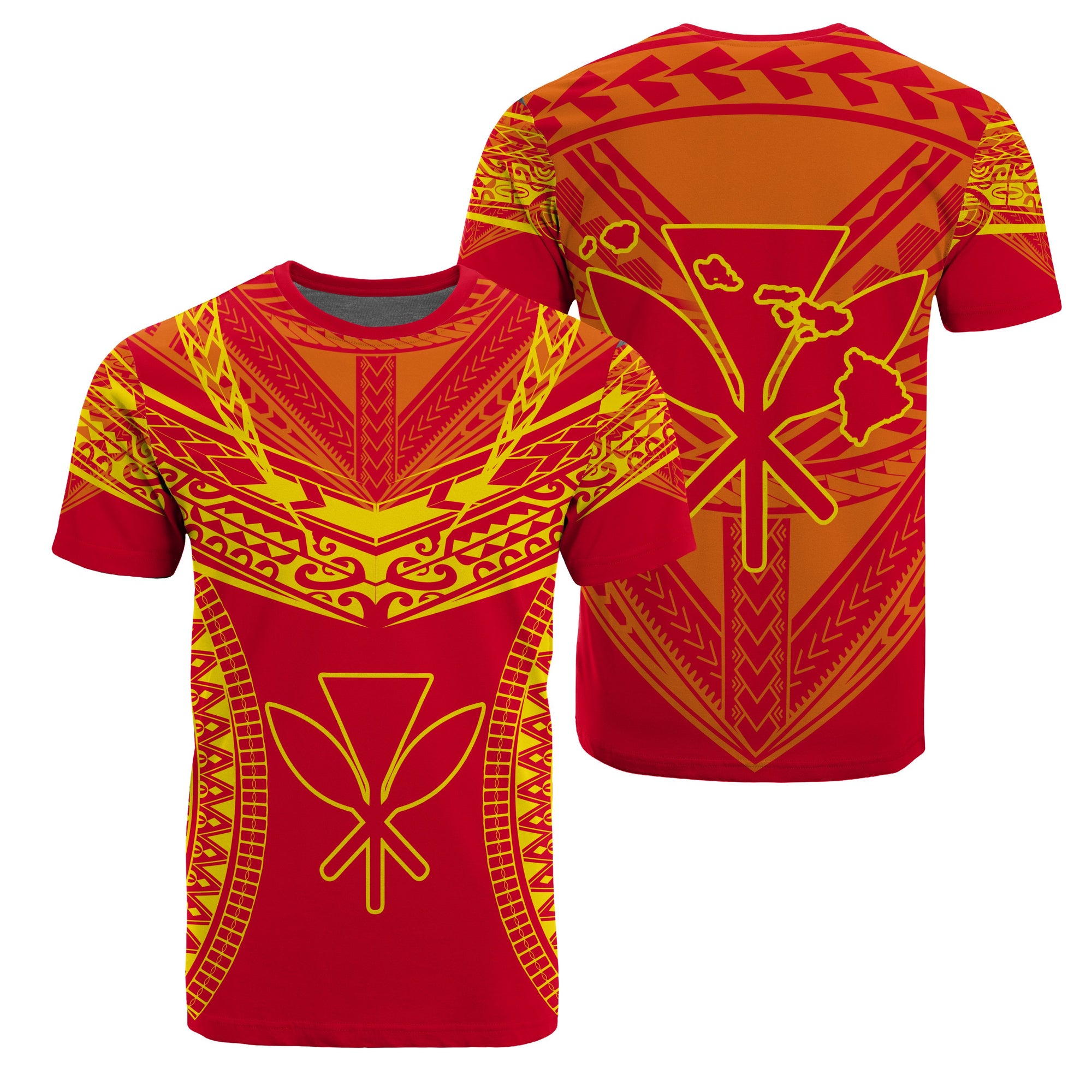 Hawaiian Kanaka Map Football Jersey T Shirt Red and Yellow Roger Style Unisex Red - Polynesian Pride