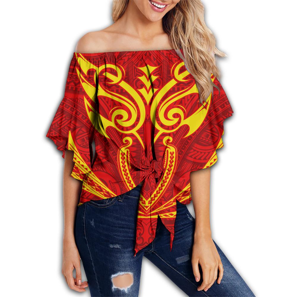 Hawaii Kanaka Polynesian Women's Off Shoulder Wrap Waist Top - Red And Yellow - Bernice Style - AH Female Red - Polynesian Pride