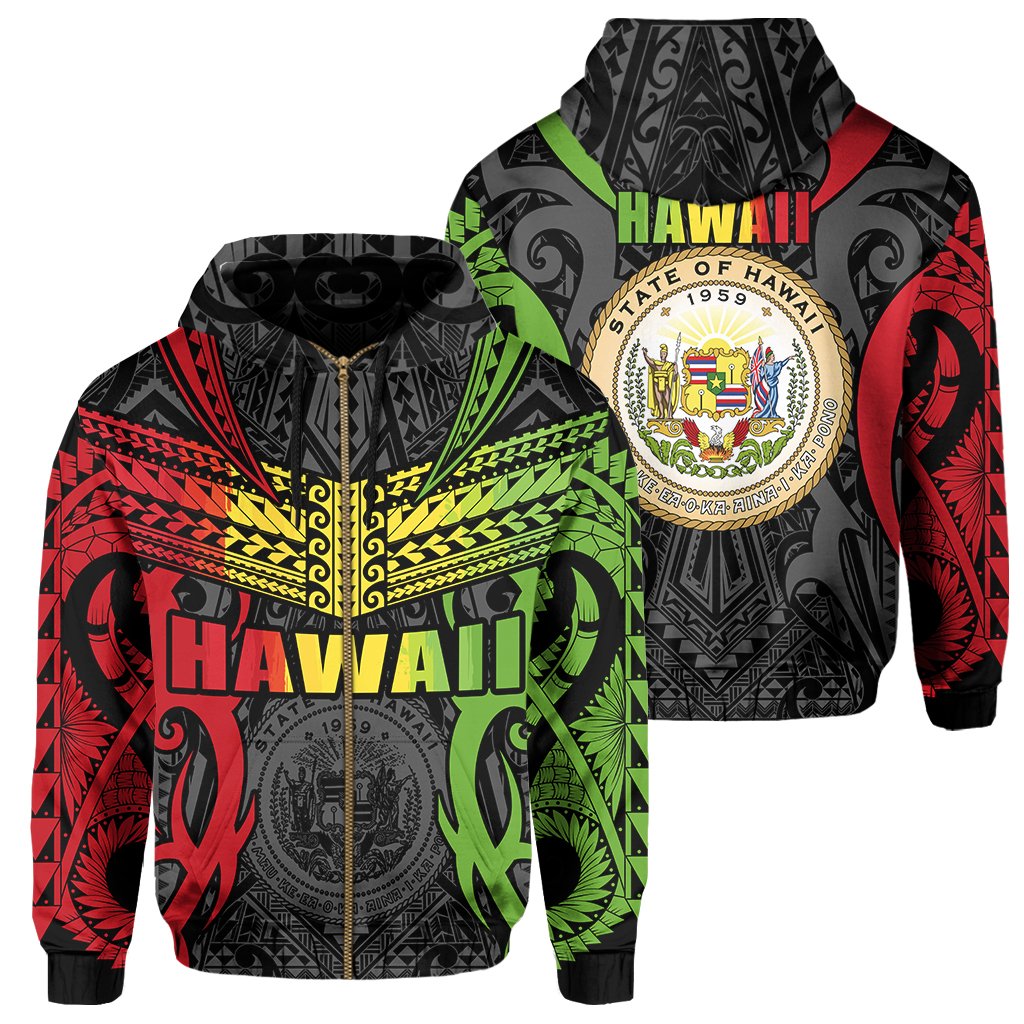 Hawaii Polynesian Tribal Coat of Arms Zipper Hoodie Reggae Mark Style Unisex Black - Polynesian Pride