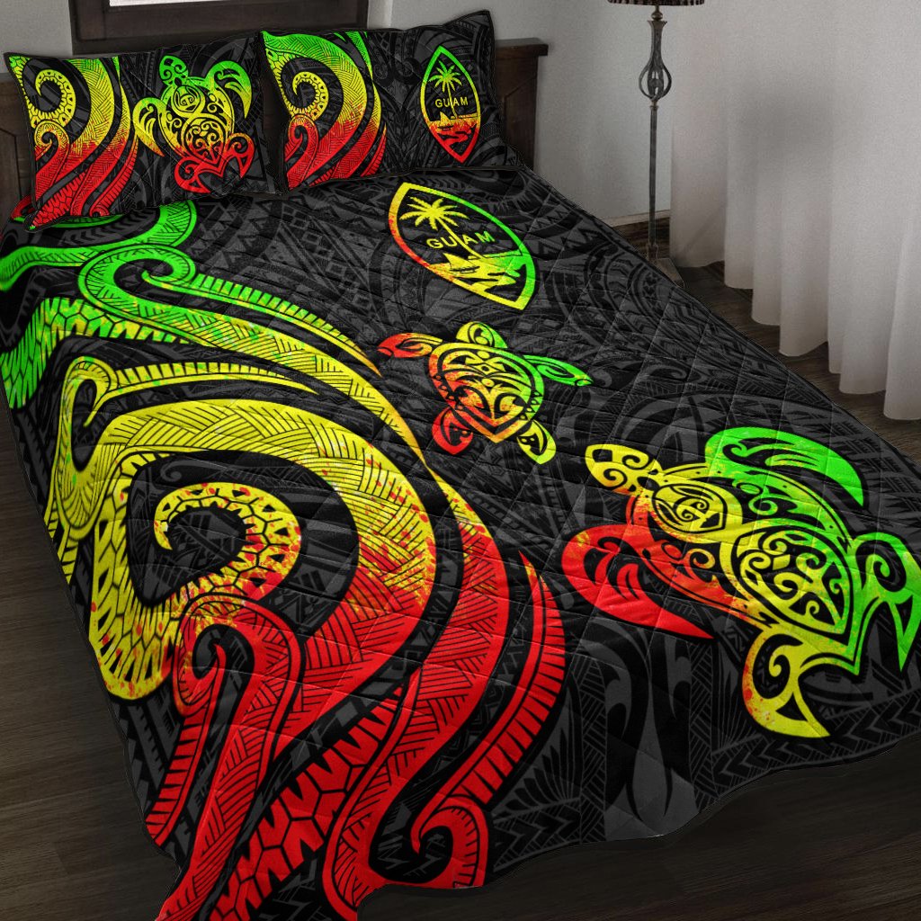 Guam Quilt Bed Set - Reggae Tentacle Turtle Art - Polynesian Pride