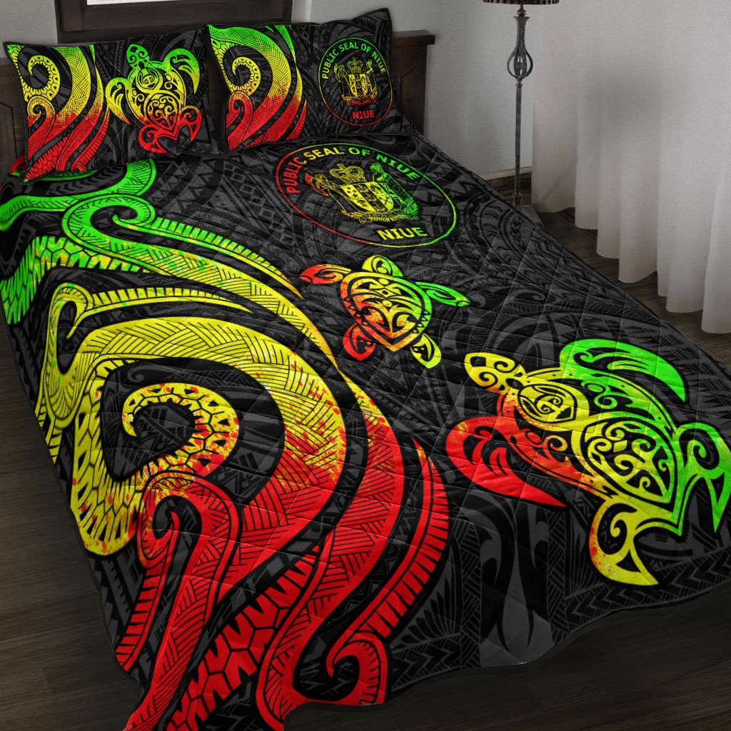 Niue Quilt Bed Set - Reggae Tentacle Turtle Art - Polynesian Pride