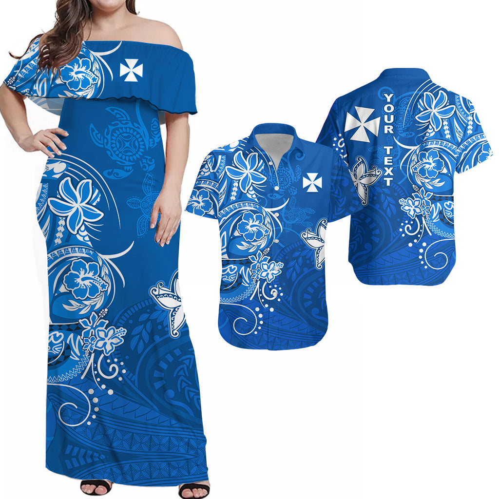 Custom Wallis et Futuna Matching Dress and Hawaiian Shirt Polynesia Blue Sea Turtle and Flowers LT13 Blue - Polynesian Pride