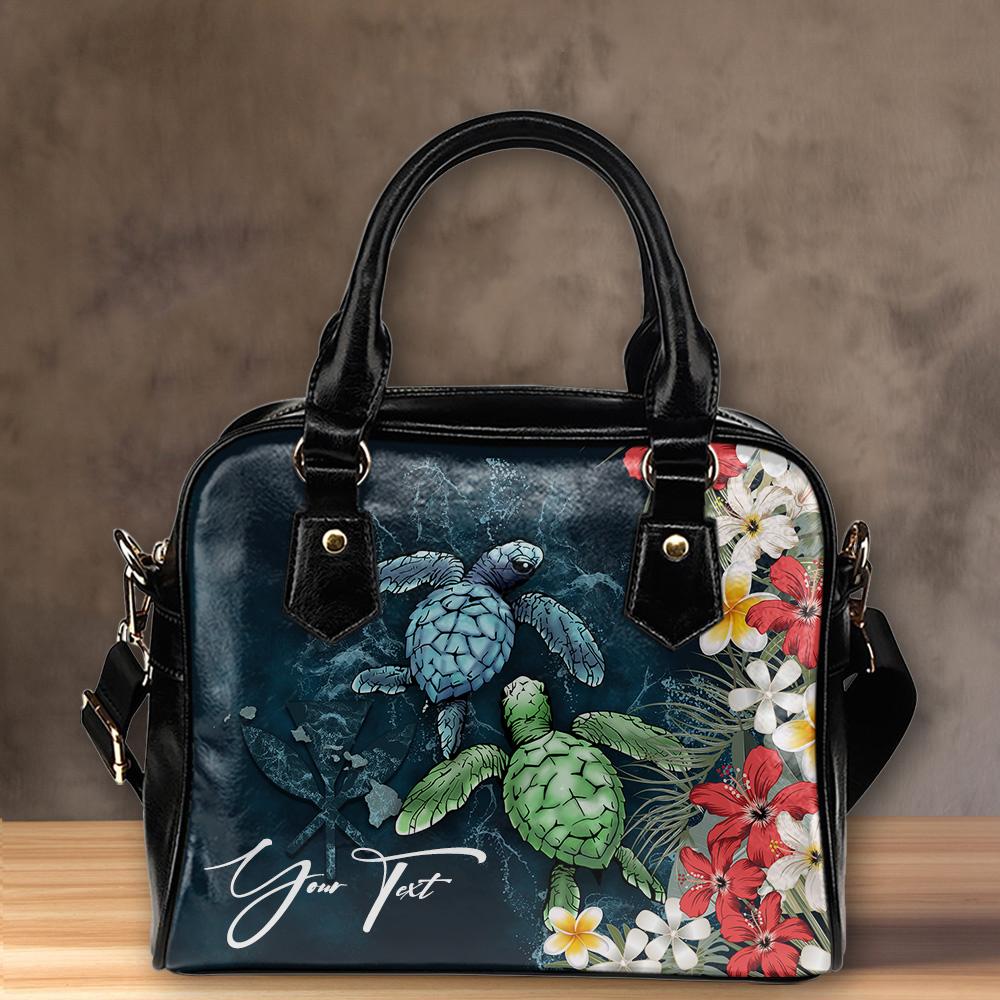 (Custom) Kanaka Maoli (Hawaiian) Shoulder Handbag - Sea Turtle Tropical Hibiscus And Plumeria Personal Signature One Size Blue - Polynesian Pride