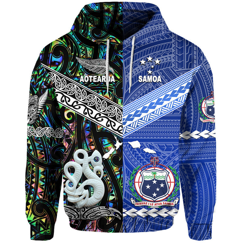 Samoa and New Zealand Hoodie Together Paua Shell LT8 Blue - Polynesian Pride