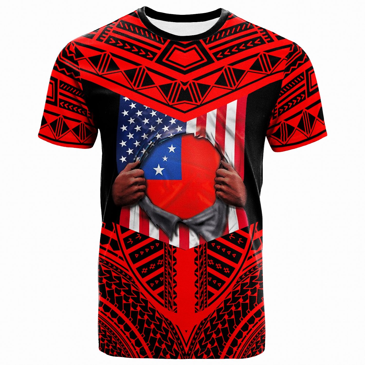 Samoa T Shirt Samoan Flag American Flag With Tribal Pattern Red Unisex Blue - Polynesian Pride