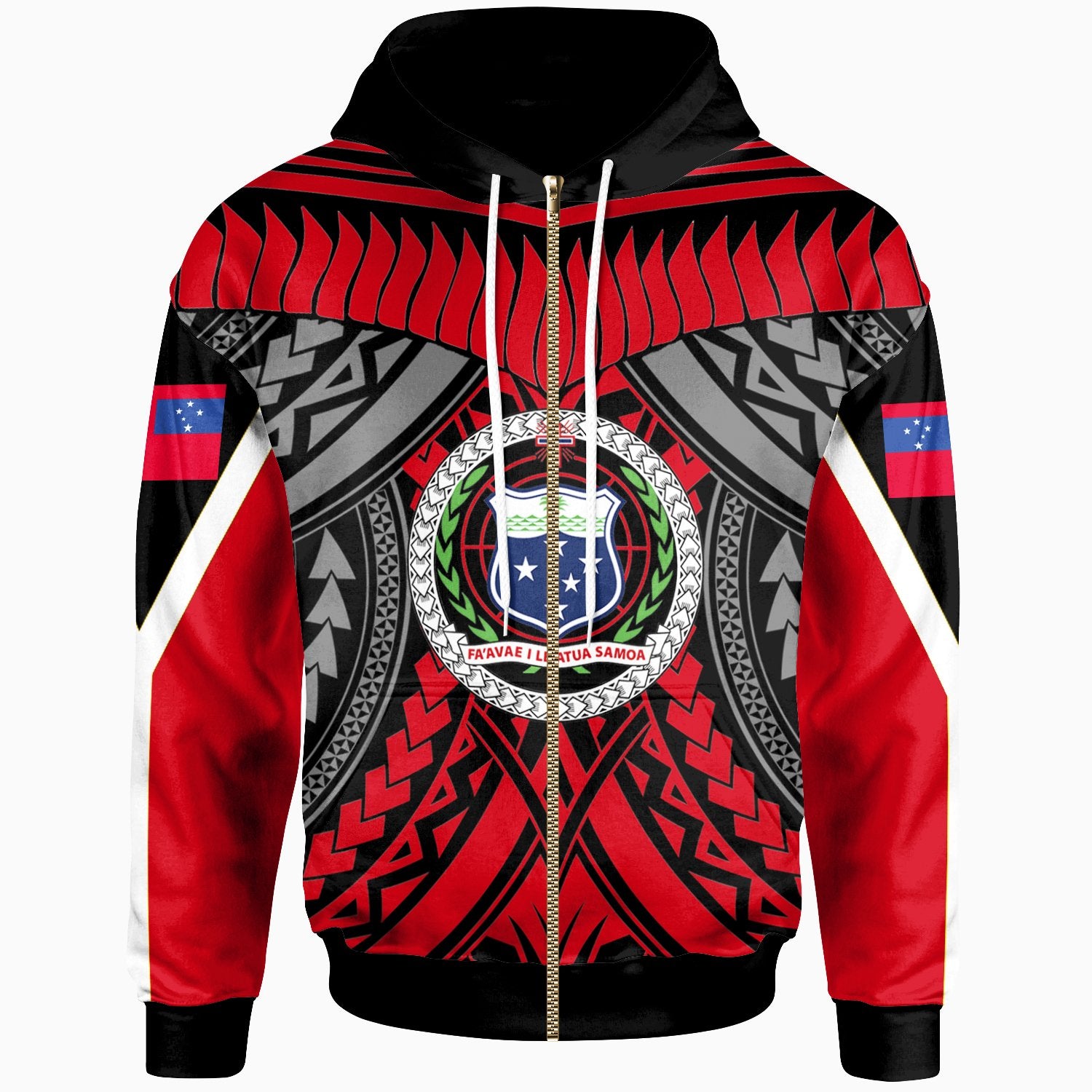 Samoa Zip up Hoodie Tooth Shaped Necklace Red Unisex Red - Polynesian Pride