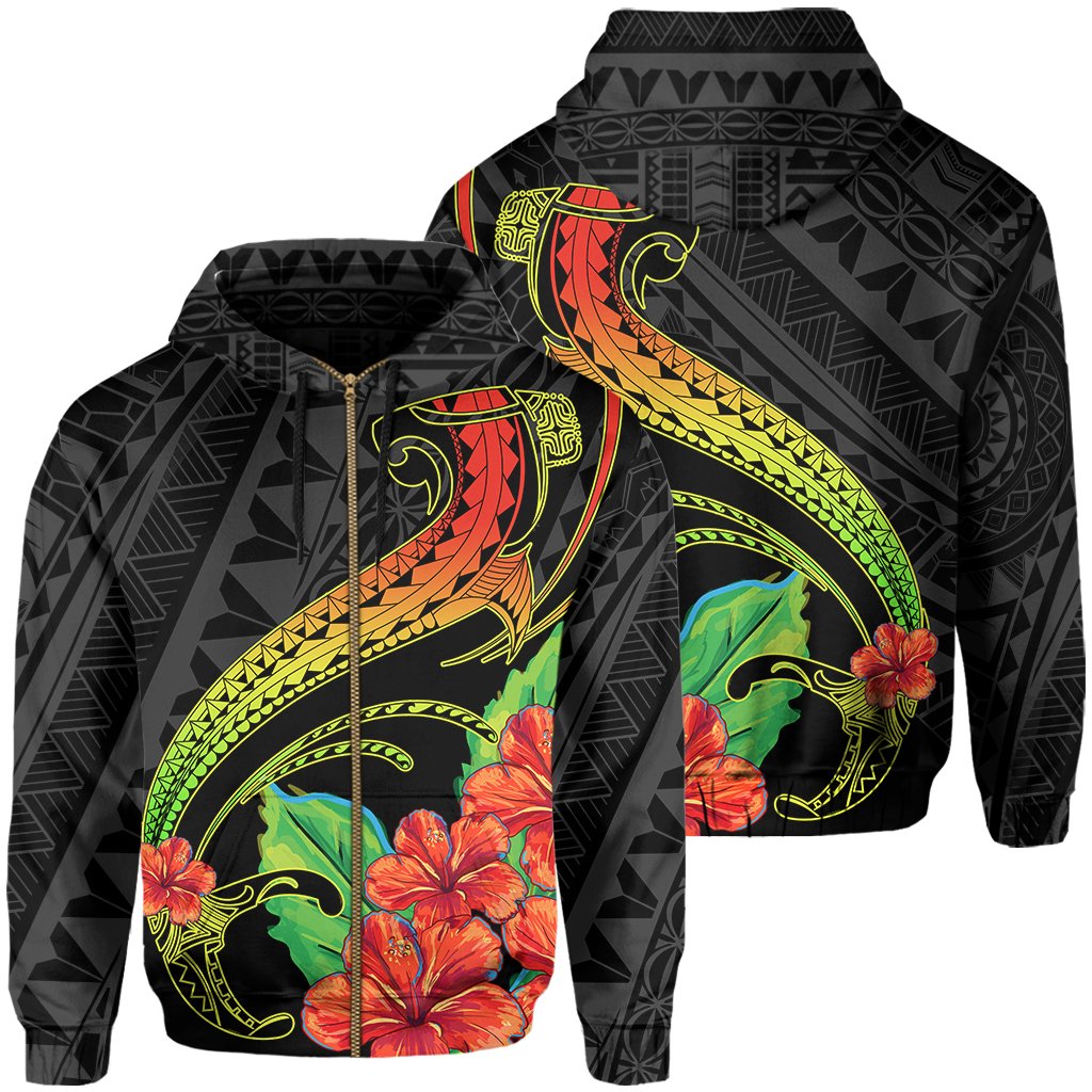 Hawaii Shark Hibiscus Polynesian Hoodie Zip Grey Morti Style Unisex Grey - Polynesian Pride