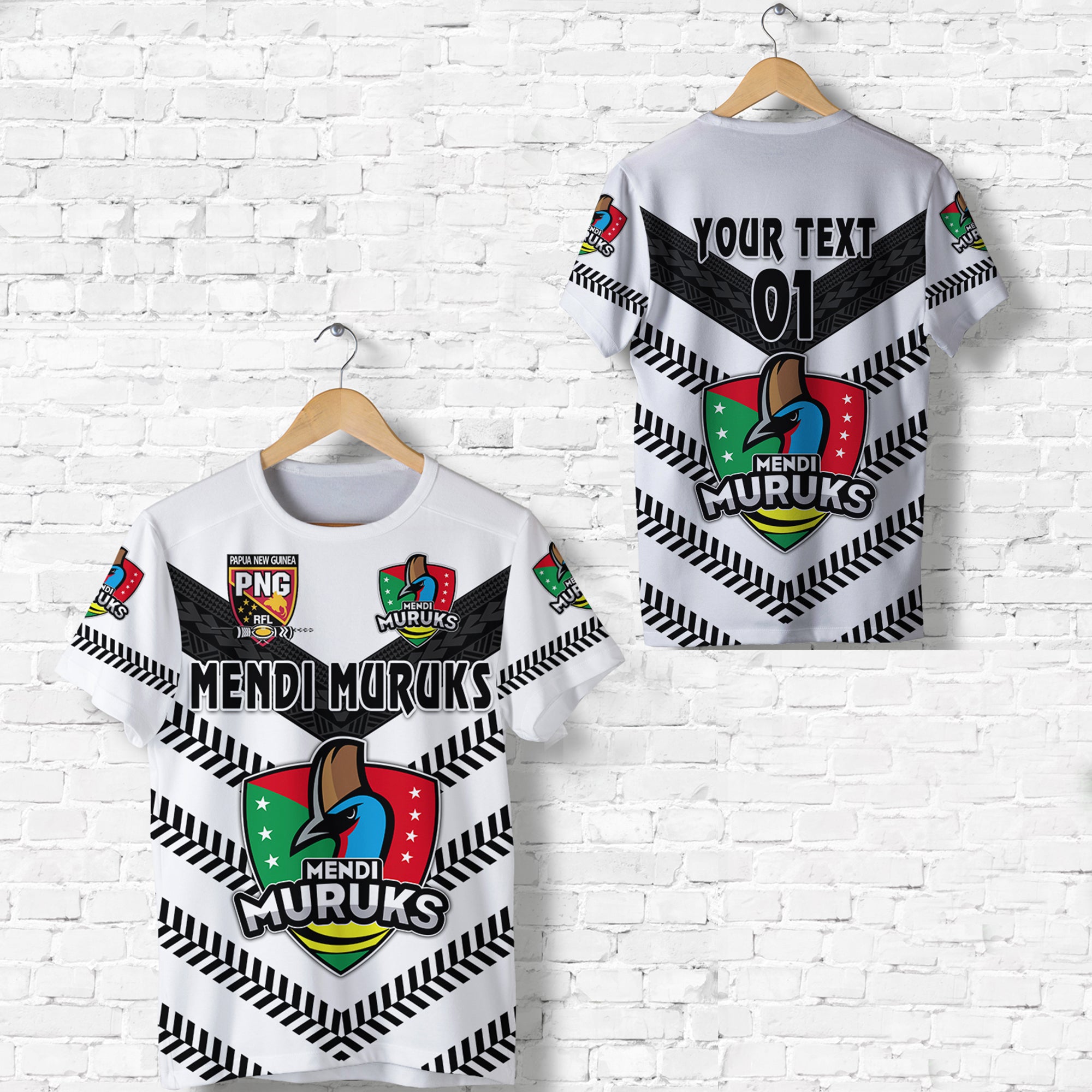 Custom Papua New Guinea PRK Mendi Muruks T Shirt Rugby Original Style White, Custom Text and Number LT8 Unisex White - Polynesian Pride