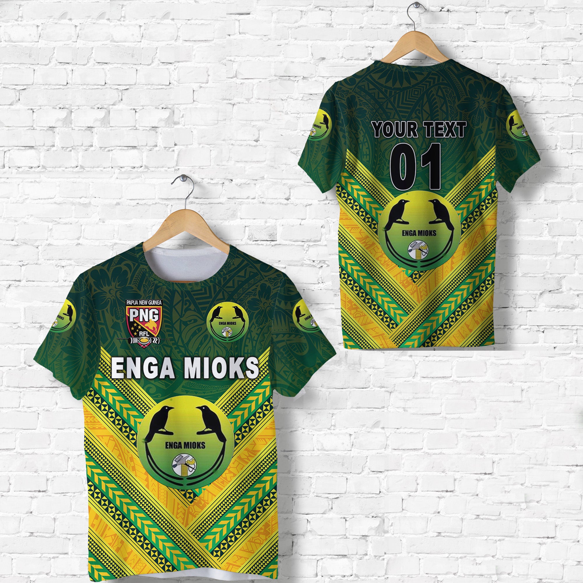 Custom Papua New Guinea Enga Mioks T Shirt Rugby Original Style Green, Custom Text and Number LT8 Unisex Green - Polynesian Pride