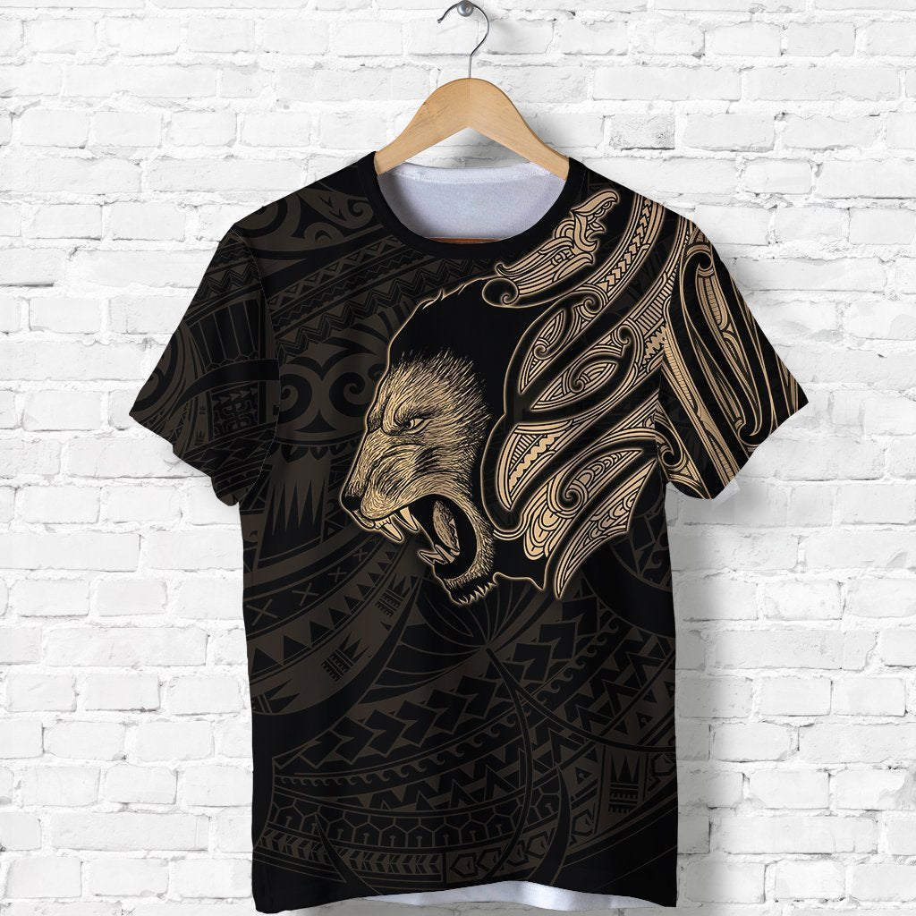 New Zealand T Shirt Maori Lion Tattoo Gold Unisex Black - Polynesian Pride