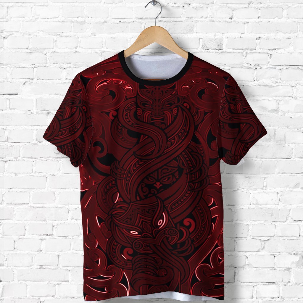 New Zealand Shirt, Maori Gods T Shirt, Tumatauenga (God of War) Red Unisex Black - Polynesian Pride