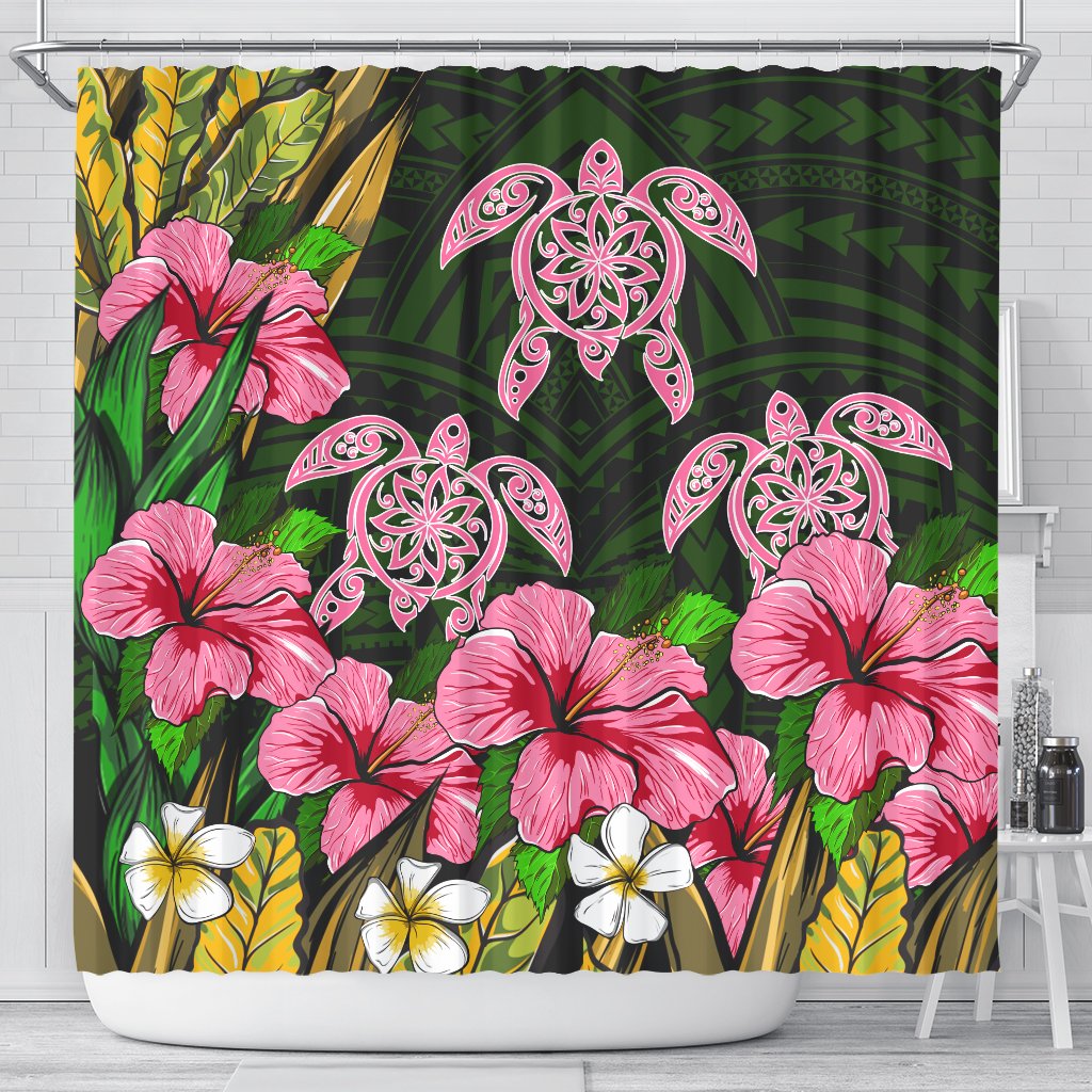 Hawaii Turtle Hibiscus Tropical Polynesian Shower Curtain - Floren Style - AH 177 x 172 (cm) Black - Polynesian Pride