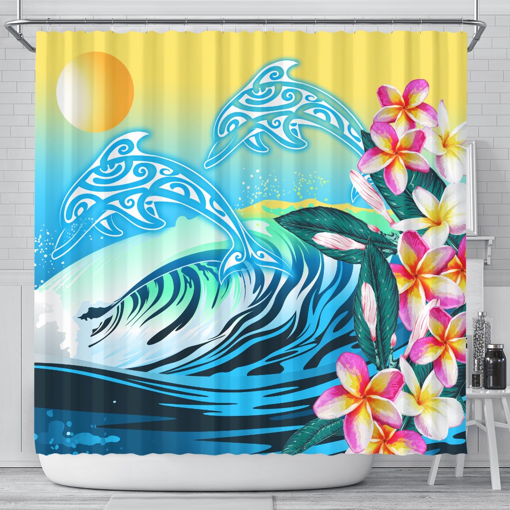 Hawaii Dolphin Plumeria Surfing Polynesian Shower Curtain - Muriel Style - AH 177 x 172 (cm) Blue - Polynesian Pride