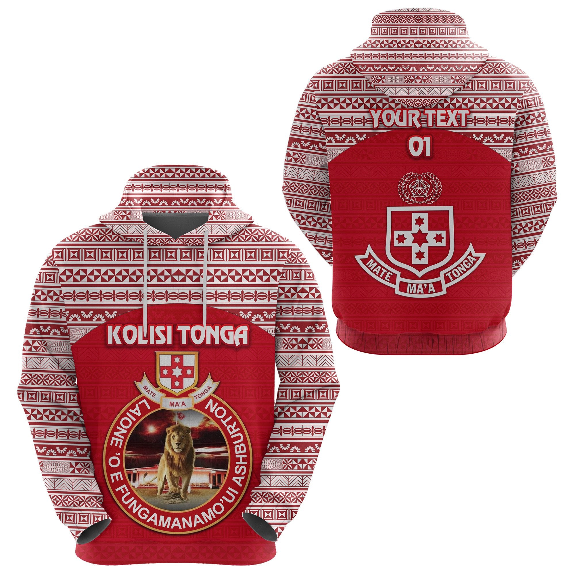 Custom Kolisi Tonga Hoodie Mate Maa Tonga Simple Version Lion Ashburton, Custom Text and Number Unisex Red - Polynesian Pride