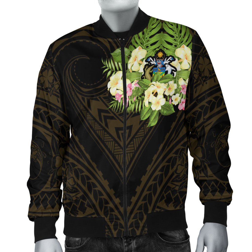 Solomon Islands Men's Bomber Jacket - Polynesian Gold Patterns Collection Black - Polynesian Pride