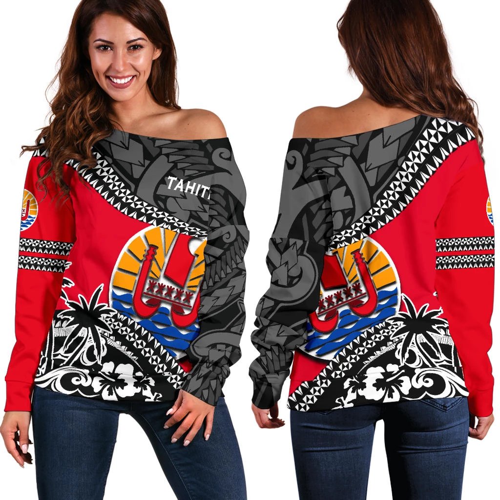 Tahiti Off Shoulder Sweater Fall In The Wave K9 Red - Polynesian Pride