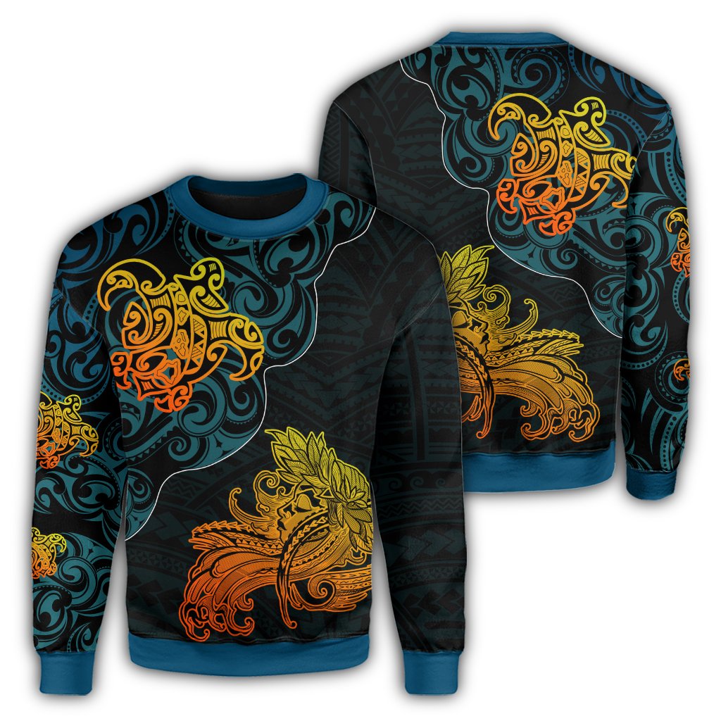 Hawaiian Polynesian Hula Girl And Turtle Sweatshirt - The Wave Style - AH Unisex Blue - Polynesian Pride