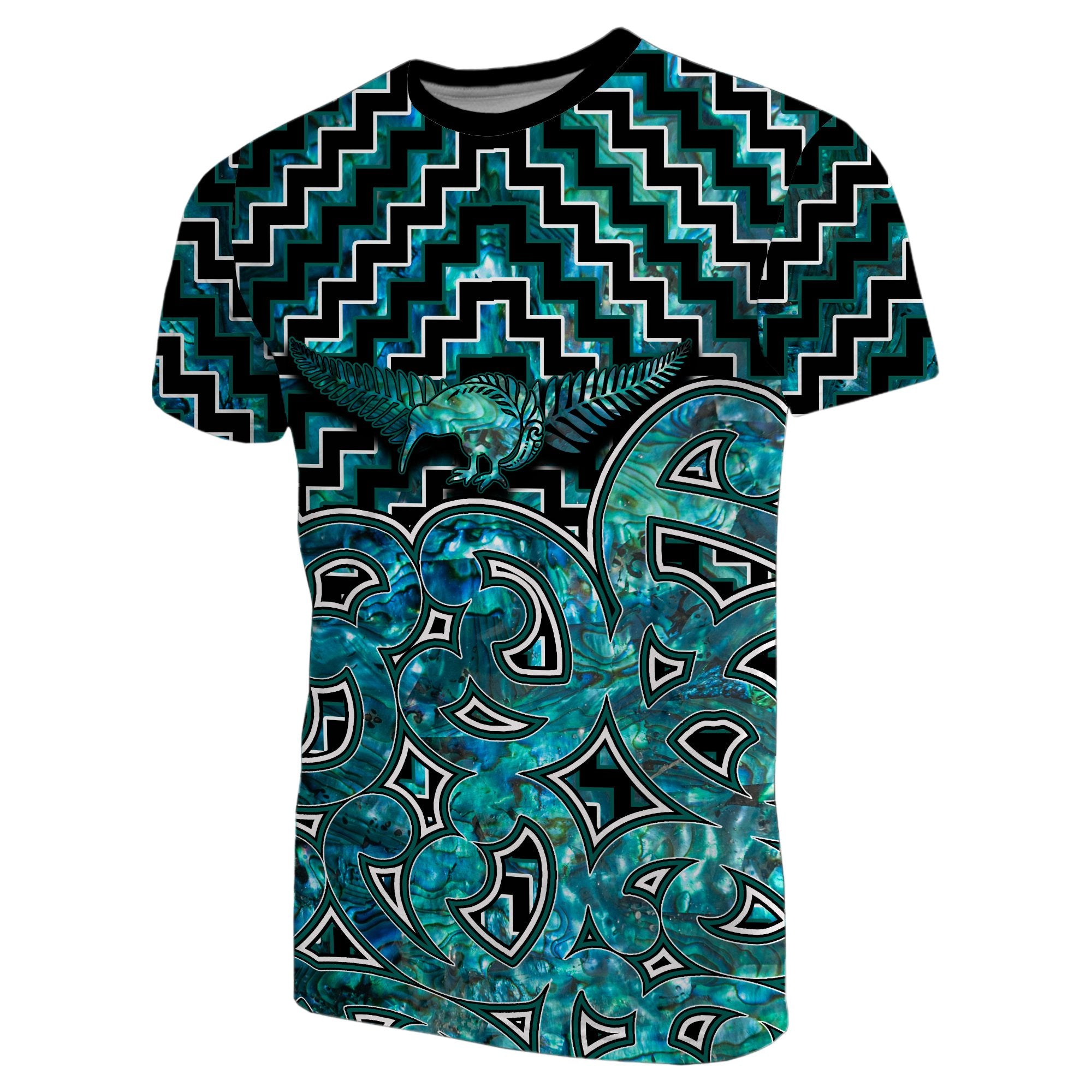 New Zealand T Shirt Maori Graphic Tee patterns Paua Shell LT6 Unisex Green - Polynesian Pride