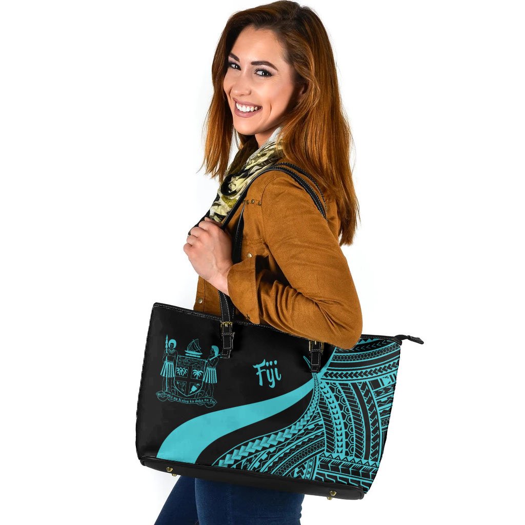 Fiji Large Leather Tote Bag - Turquoise Polynesian Tentacle Tribal Pattern Crest Turquoise - Polynesian Pride