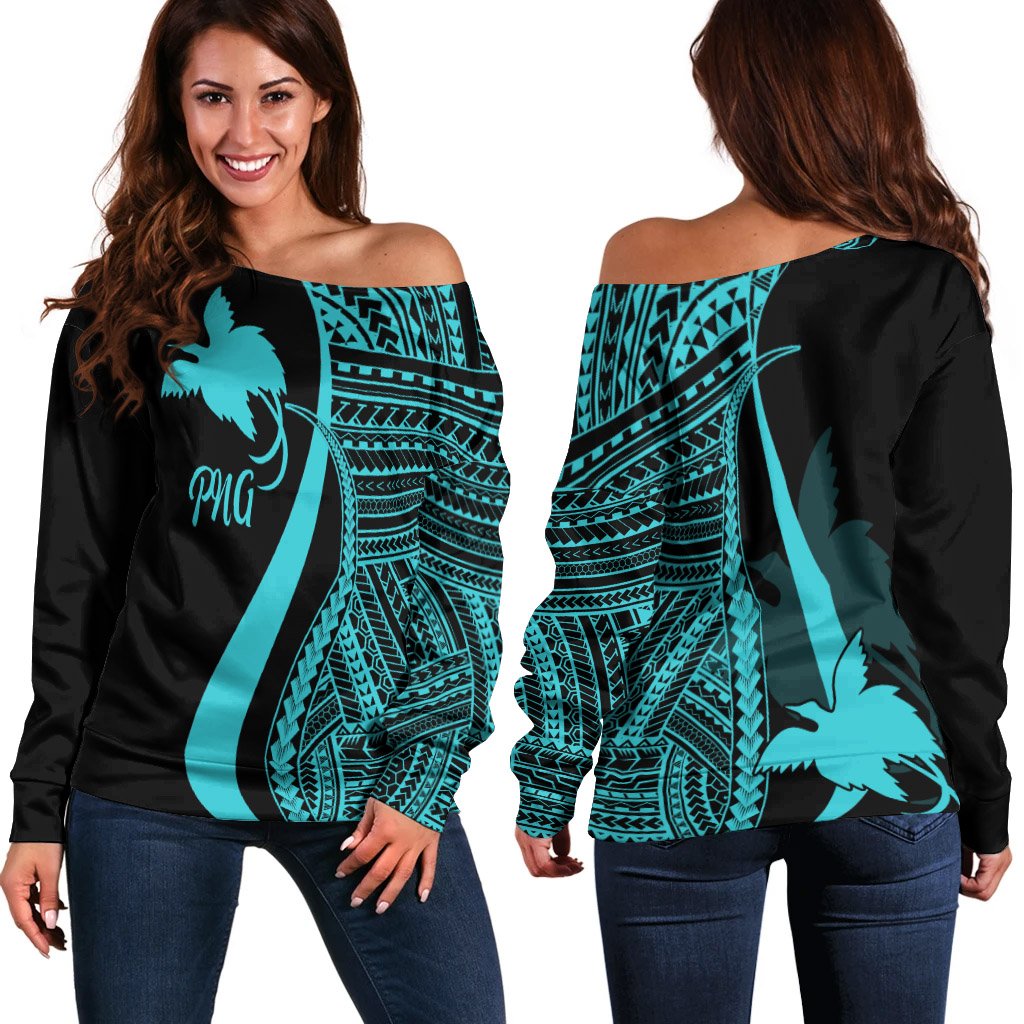 Papua New Guinea Women's Off Shoulder Sweater - Turquoise Polynesian Tentacle Tribal Pattern Turquoise - Polynesian Pride