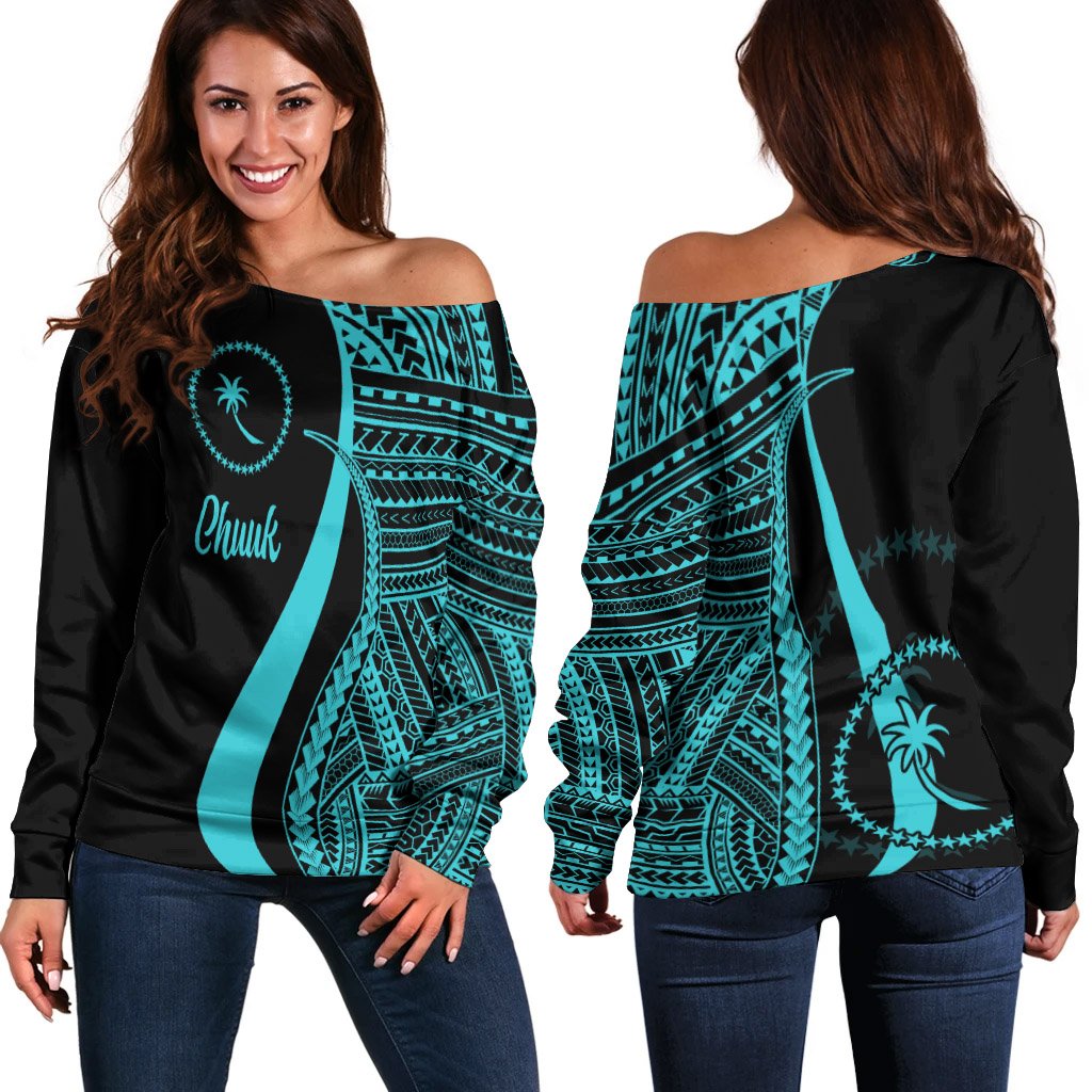 Chuuk Women's Off Shoulder Sweater - Turquoise Polynesian Tentacle Tribal Pattern Turquoise - Polynesian Pride