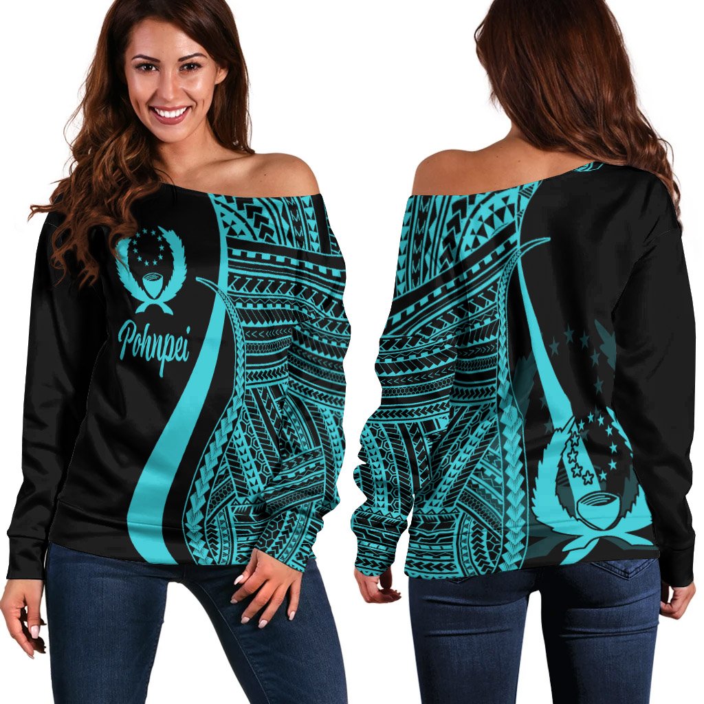 Pohnpei Women's Off Shoulder Sweater - Turquoise Polynesian Tentacle Tribal Pattern Turquoise - Polynesian Pride