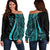 Fiji Women's Off Shoulder Sweater - Turquoise Polynesian Tentacle Tribal Pattern Crest Turquoise - Polynesian Pride