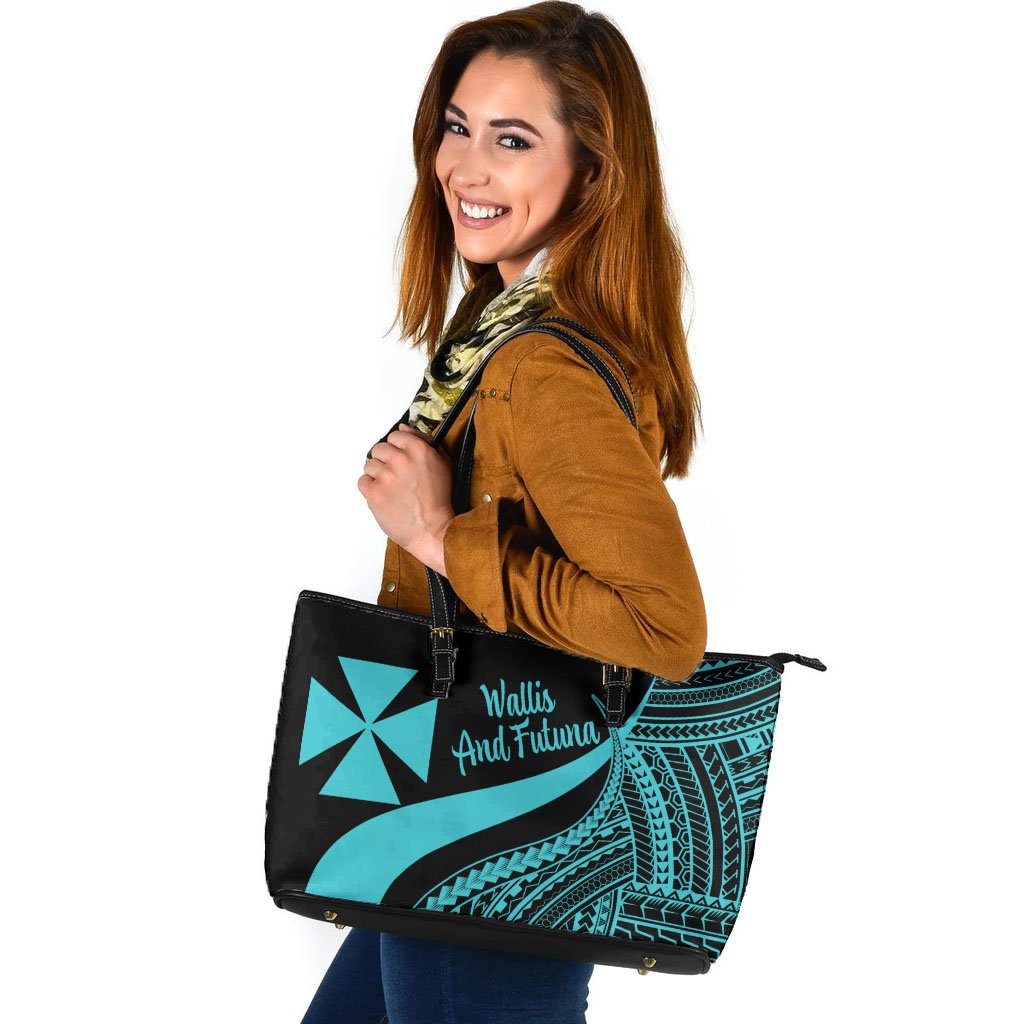 Wallis And Futuna Large Leather Tote Bag - Turquoise Polynesian Tentacle Tribal Pattern Turquoise - Polynesian Pride