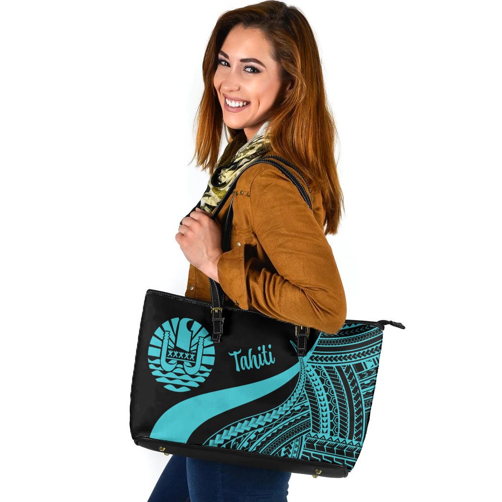 Tahiti Large Leather Tote Bag - Turquoise Polynesian Tentacle Tribal Pattern Turquoise - Polynesian Pride