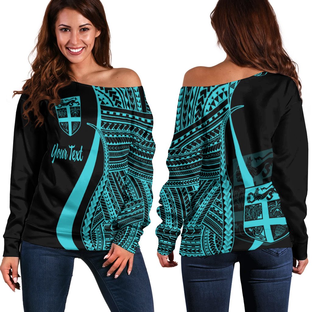 Fiji Custom Personalised Women's Off Shoulder Sweater - Turquoise Polynesian Tentacle Tribal Pattern Turquoise - Polynesian Pride