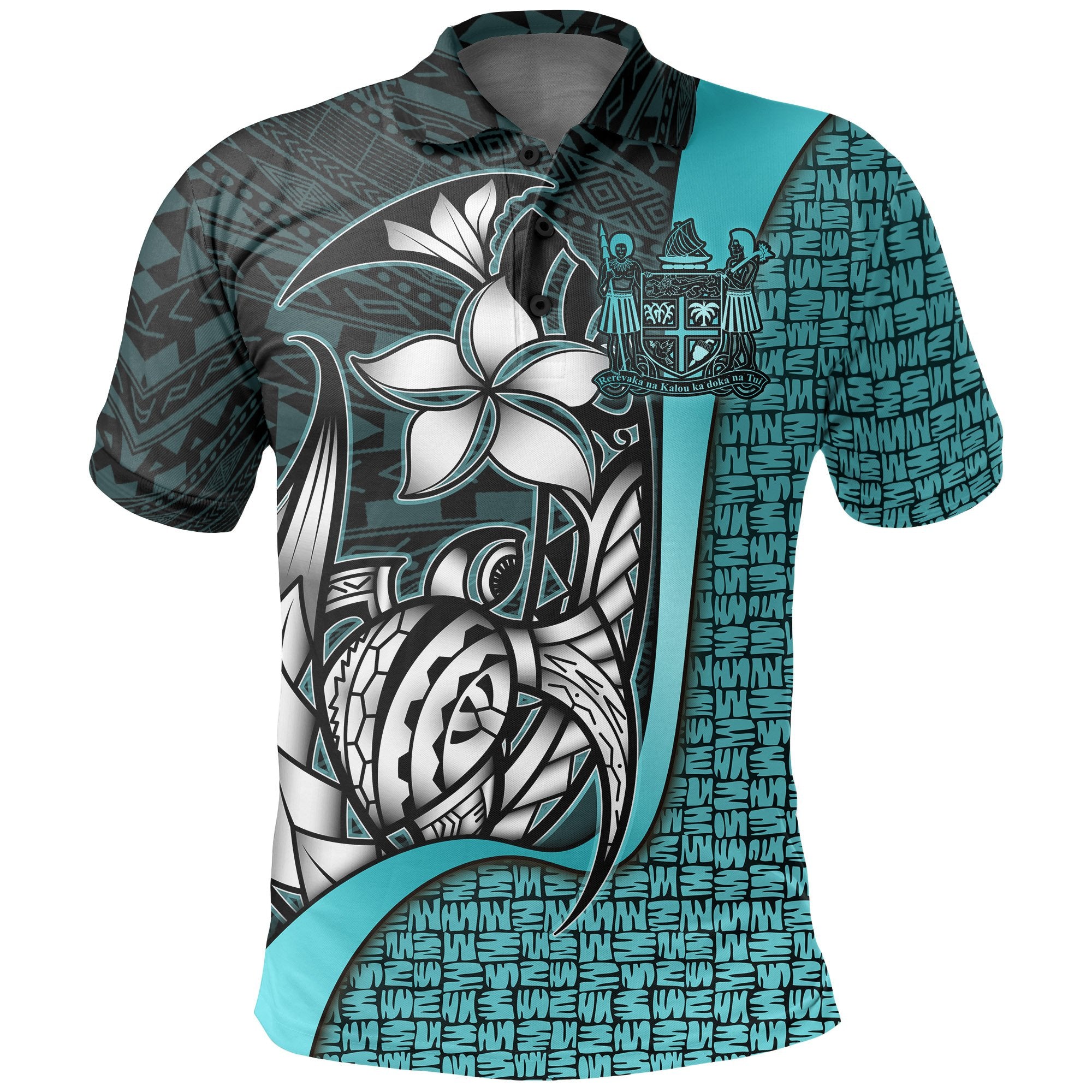 Fiji Polo Shirt Turquoise Coat of Arm Turtle with Hook Unisex Turquoise - Polynesian Pride