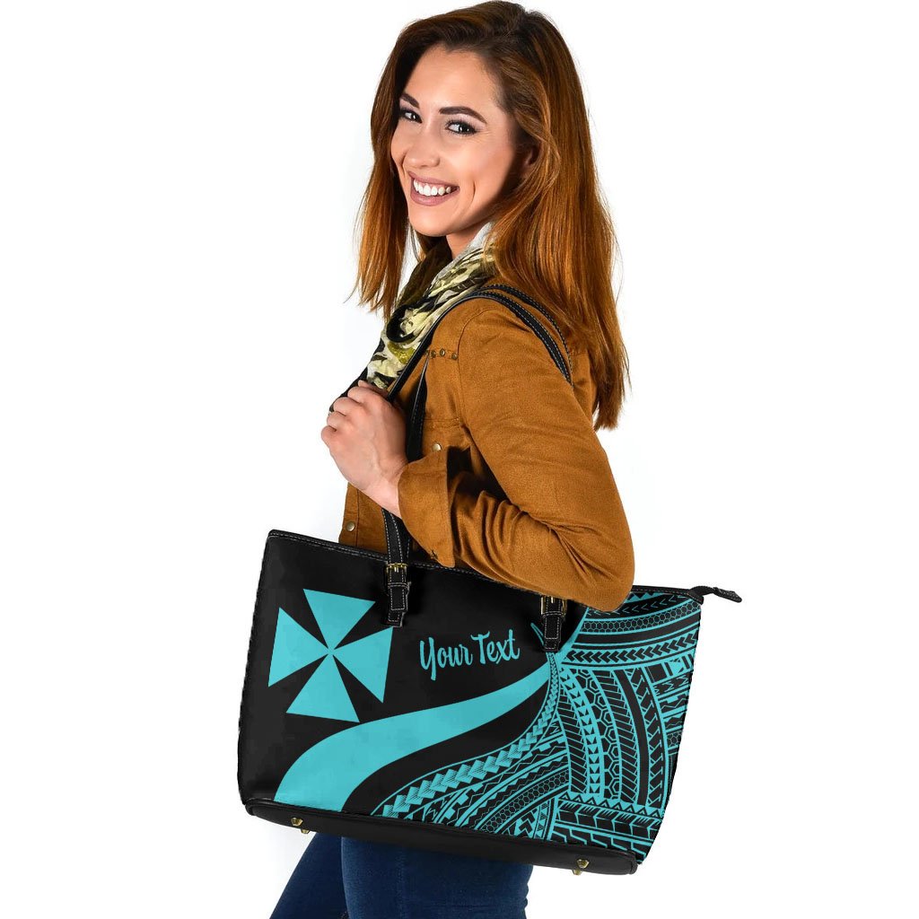 Wallis And Futuna Custom Personalised Large Leather Tote Bag - Turquoise Polynesian Tentacle Tribal Pattern Turquoise - Polynesian Pride