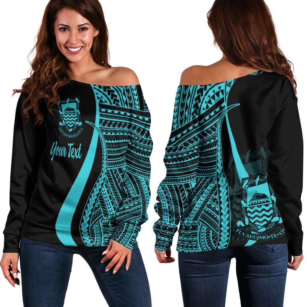 Tuvalu Custom Personalised Women's Off Shoulder Sweater - Turquoise Polynesian Tentacle Tribal Pattern Turquoise - Polynesian Pride