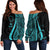 Cook Islands Women's Off Shoulder Sweater - Turquoise Polynesian Tentacle Tribal Pattern Turquoise - Polynesian Pride