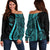 Palau Women's Off Shoulder Sweater - Turquoise Polynesian Tentacle Tribal Pattern Crest Turquoise - Polynesian Pride