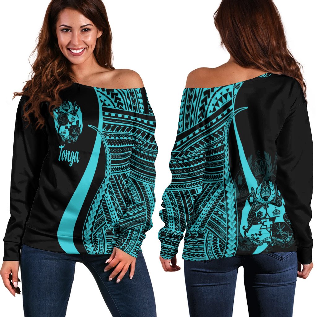 Tonga Women's Off Shoulder Sweater - Turquoise Polynesian Tentacle Tribal Pattern Turquoise - Polynesian Pride