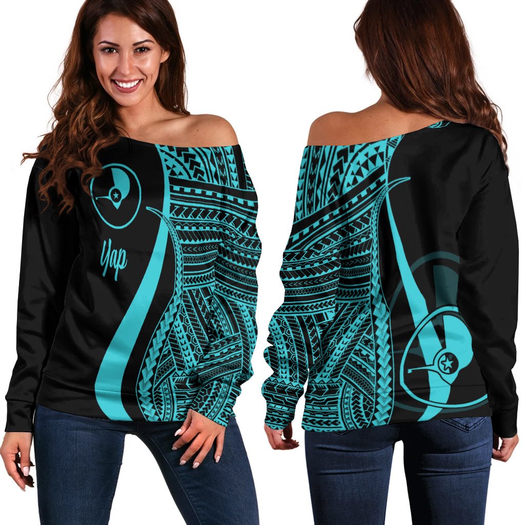 Yap Women's Off Shoulder Sweater - Turquoise Polynesian Tentacle Tribal Pattern Turquoise - Polynesian Pride