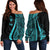 Guam Women's Off Shoulder Sweater - Turquoise Polynesian Tentacle Tribal Pattern Turquoise - Polynesian Pride